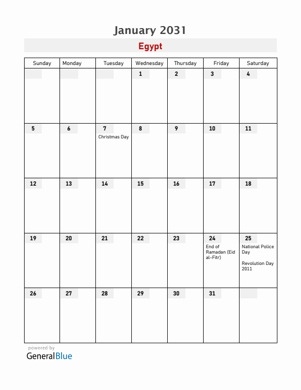 Egypt January 2031 Calendar with Holidays