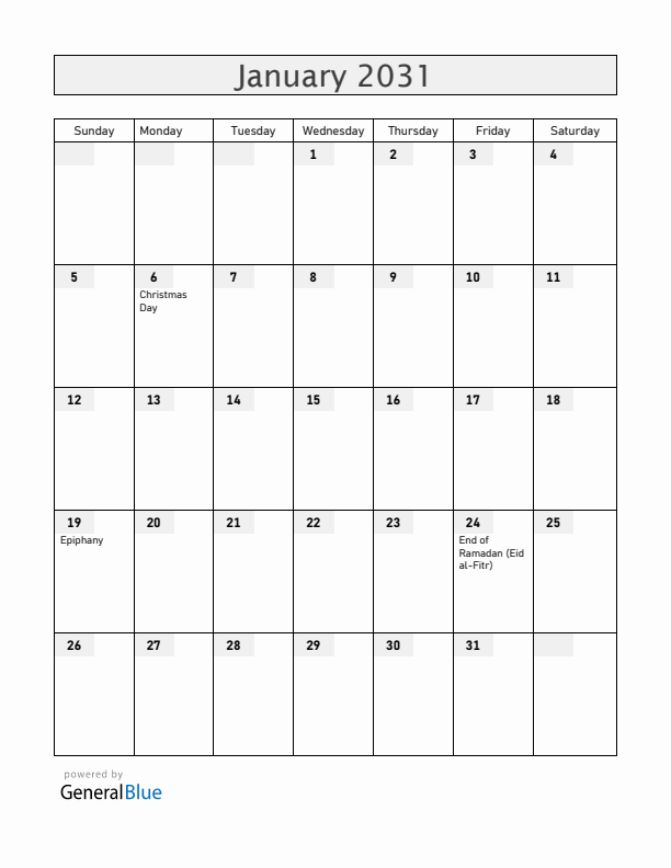 Ethiopia January 2031 Calendar with Holidays