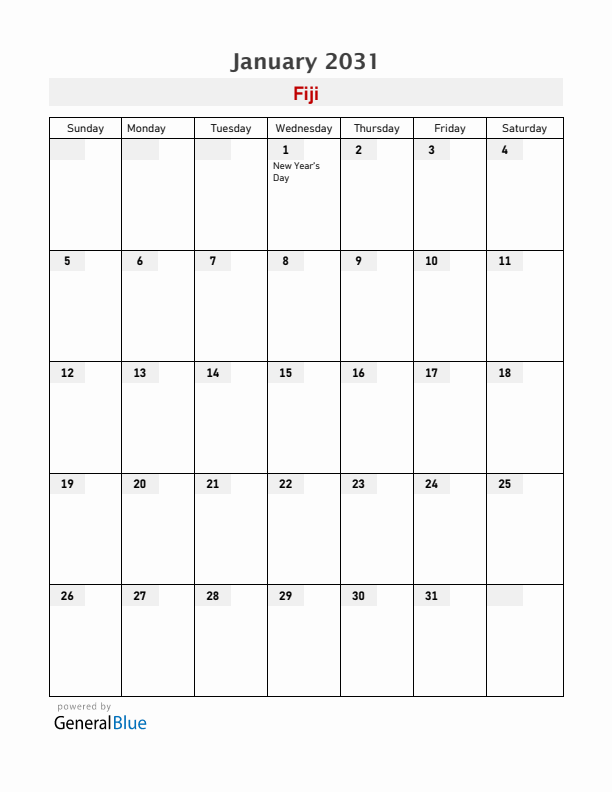 Fiji January 2031 Calendar with Holidays