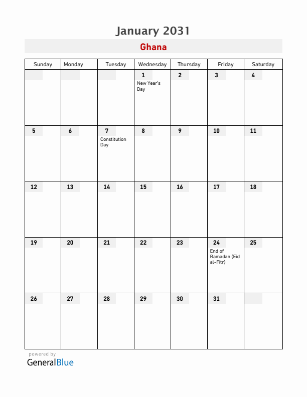 Ghana January 2031 Calendar with Holidays