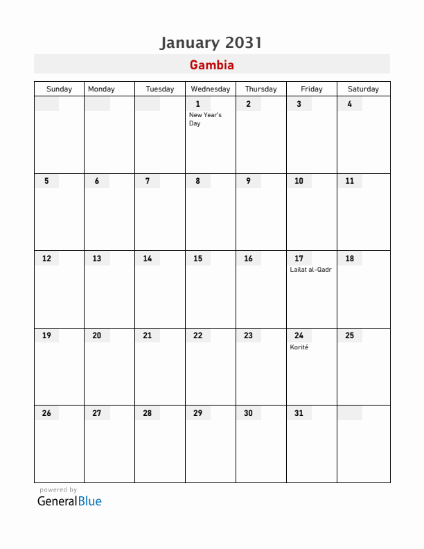 Gambia January 2031 Calendar with Holidays