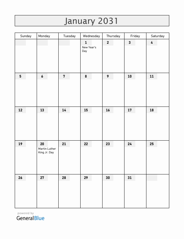 Guam January 2031 Calendar with Holidays