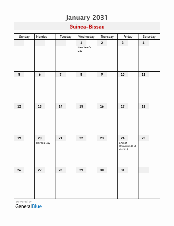 Guinea-Bissau January 2031 Calendar with Holidays