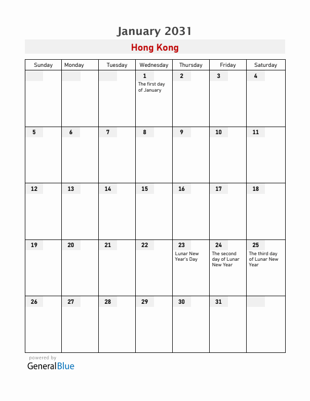 Hong Kong January 2031 Calendar with Holidays