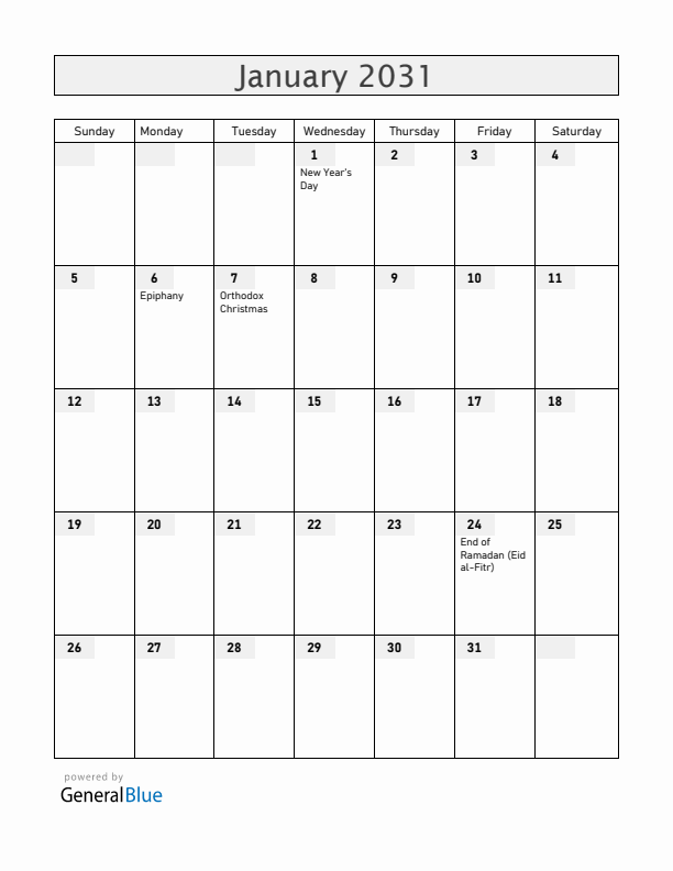 Croatia January 2031 Calendar with Holidays