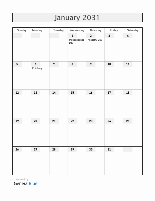 Haiti January 2031 Calendar with Holidays