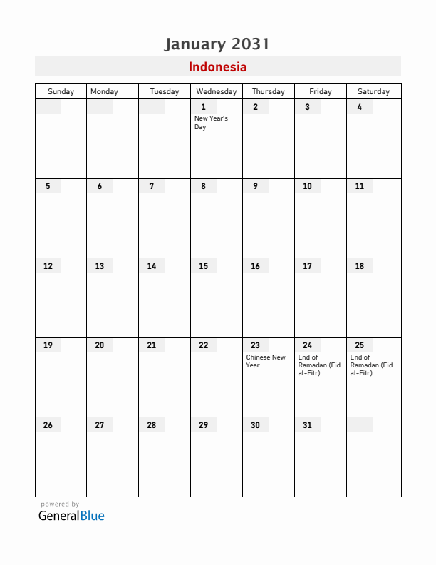Indonesia January 2031 Calendar with Holidays