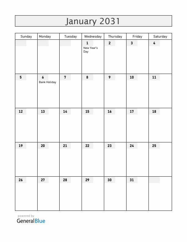Ireland January 2031 Calendar with Holidays