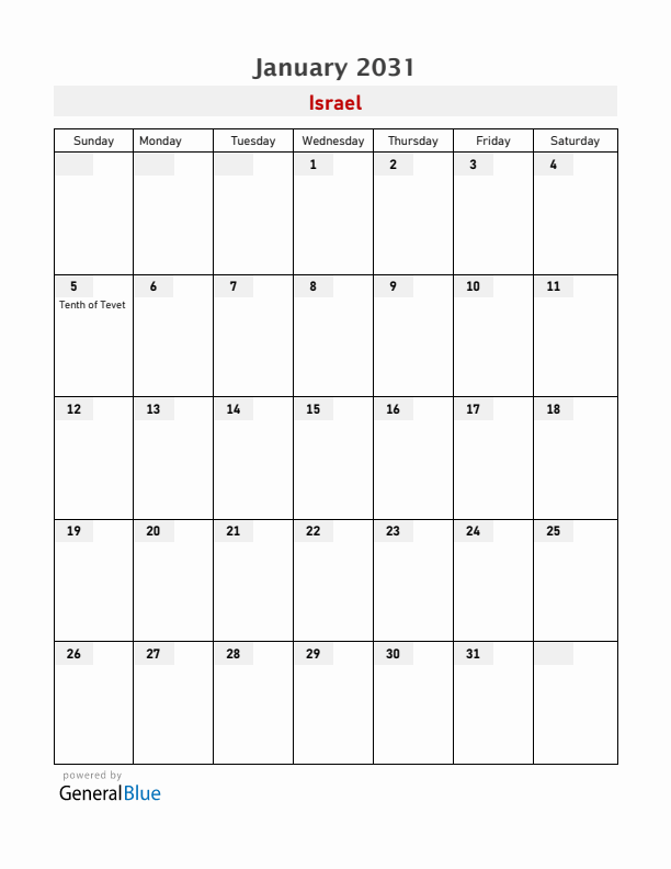 Israel January 2031 Calendar with Holidays