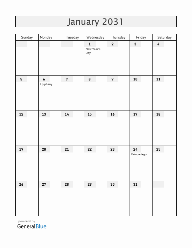 Iceland January 2031 Calendar with Holidays
