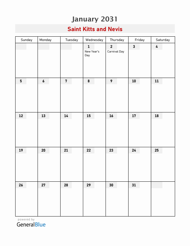 Saint Kitts and Nevis January 2031 Calendar with Holidays