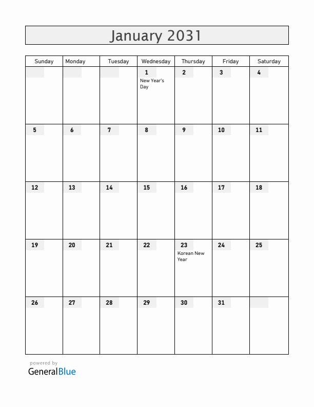South Korea January 2031 Calendar with Holidays