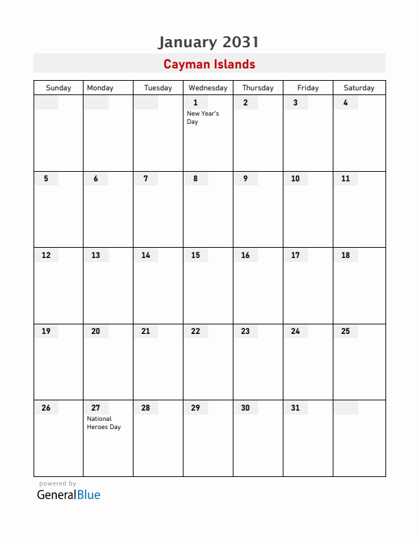 Cayman Islands January 2031 Calendar with Holidays