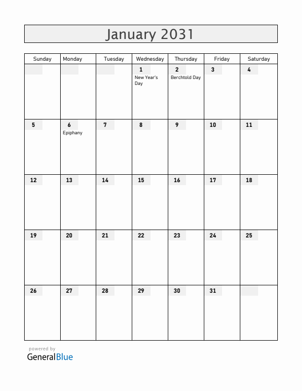 Liechtenstein January 2031 Calendar with Holidays