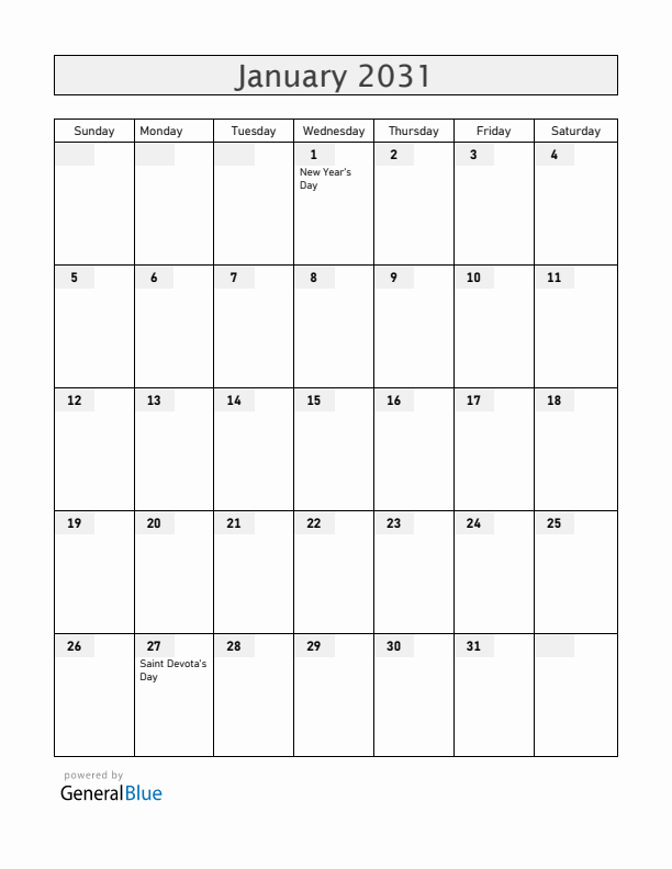 Monaco January 2031 Calendar with Holidays