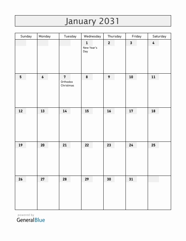 Moldova January 2031 Calendar with Holidays