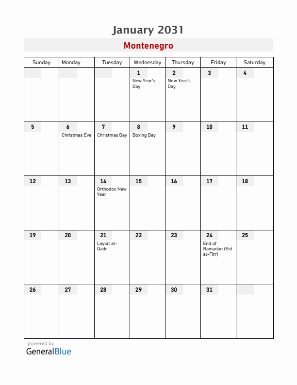 Montenegro January 2031 Calendar with Holidays
