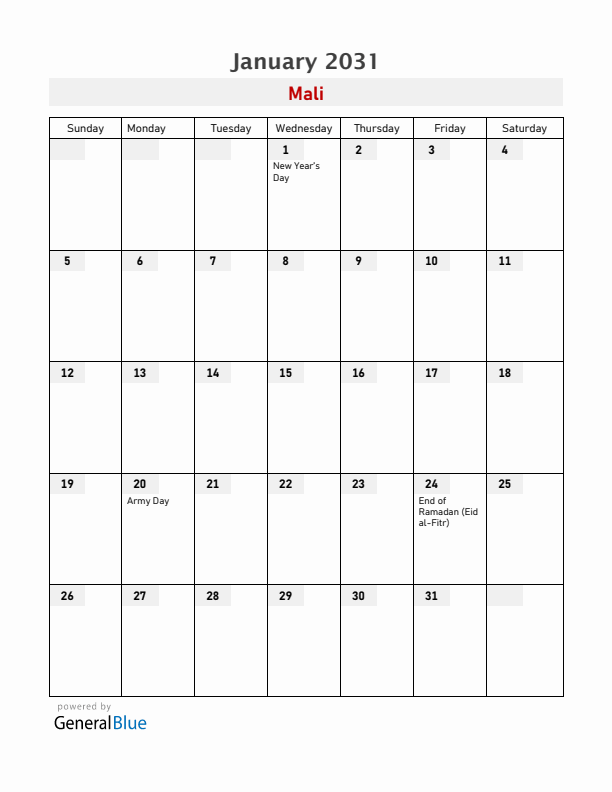 Mali January 2031 Calendar with Holidays