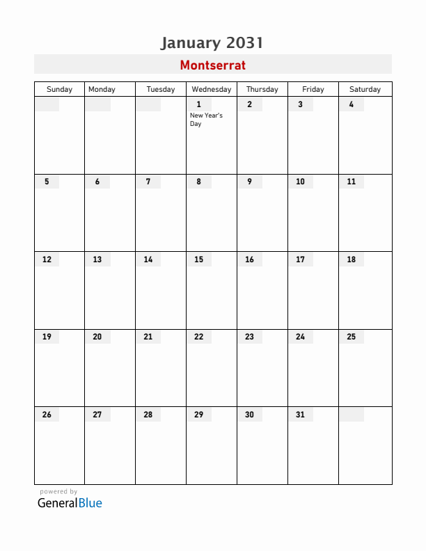 Montserrat January 2031 Calendar with Holidays