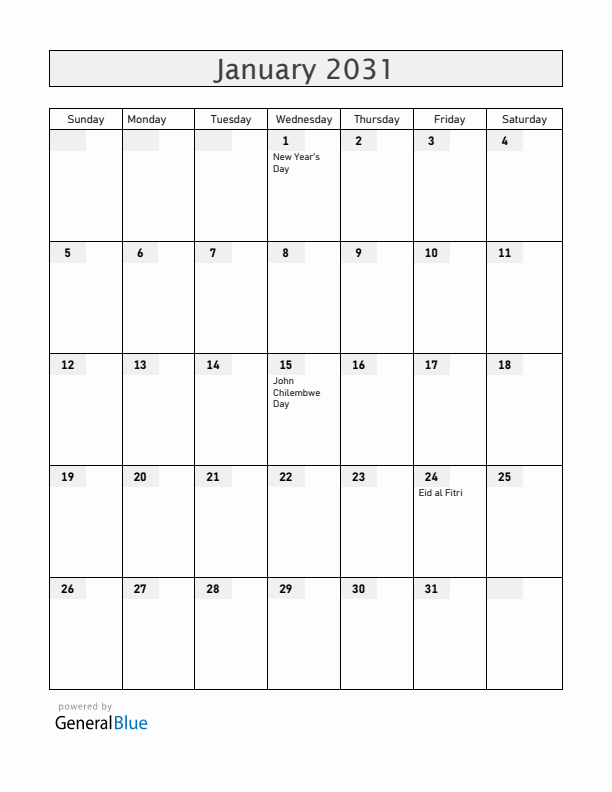 Malawi January 2031 Calendar with Holidays