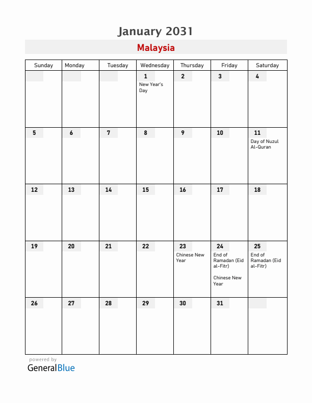 Malaysia January 2031 Calendar with Holidays