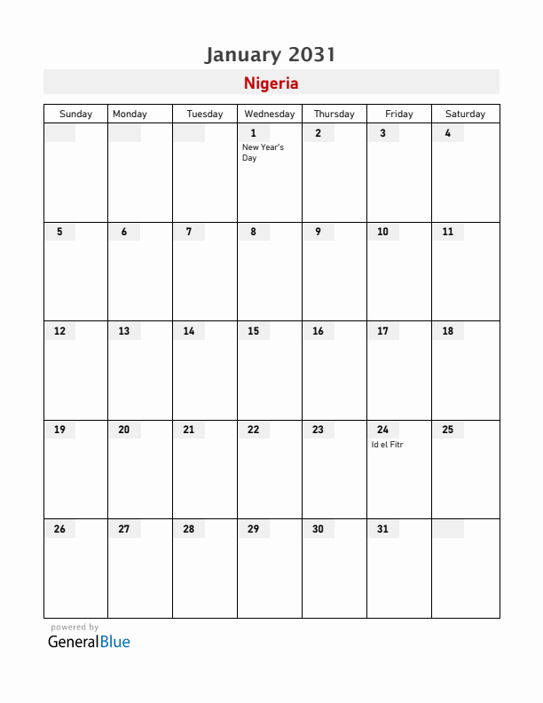 Nigeria January 2031 Calendar with Holidays