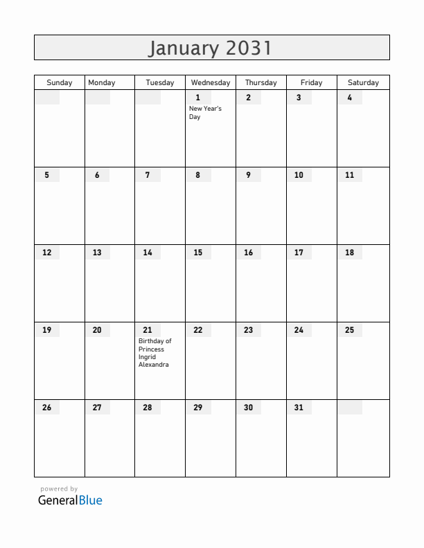 Norway January 2031 Calendar with Holidays