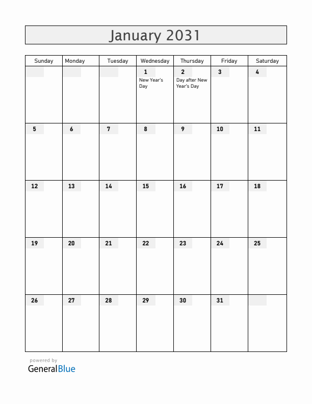 New Zealand January 2031 Calendar with Holidays