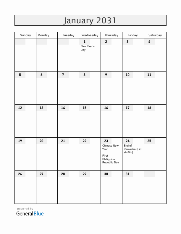 Philippines January 2031 Calendar with Holidays