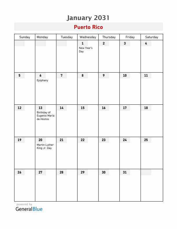 Puerto Rico January 2031 Calendar with Holidays