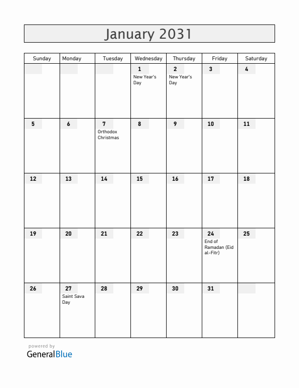 Serbia January 2031 Calendar with Holidays