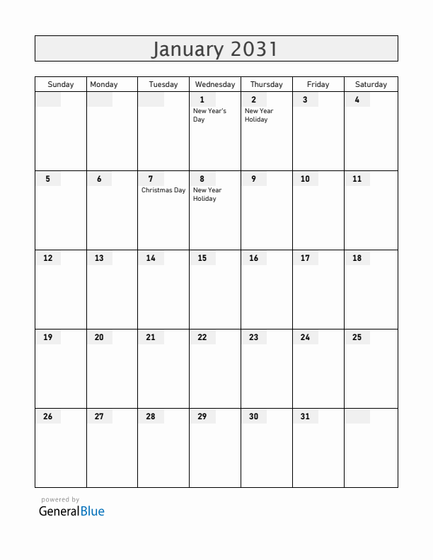 Russia January 2031 Calendar with Holidays