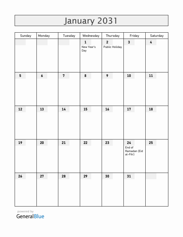 Rwanda January 2031 Calendar with Holidays