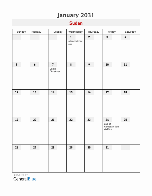 Sudan January 2031 Calendar with Holidays
