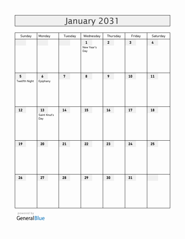 Sweden January 2031 Calendar with Holidays
