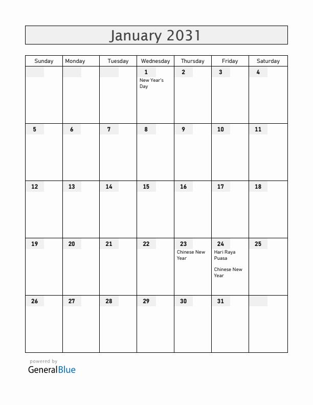 Singapore January 2031 Calendar with Holidays