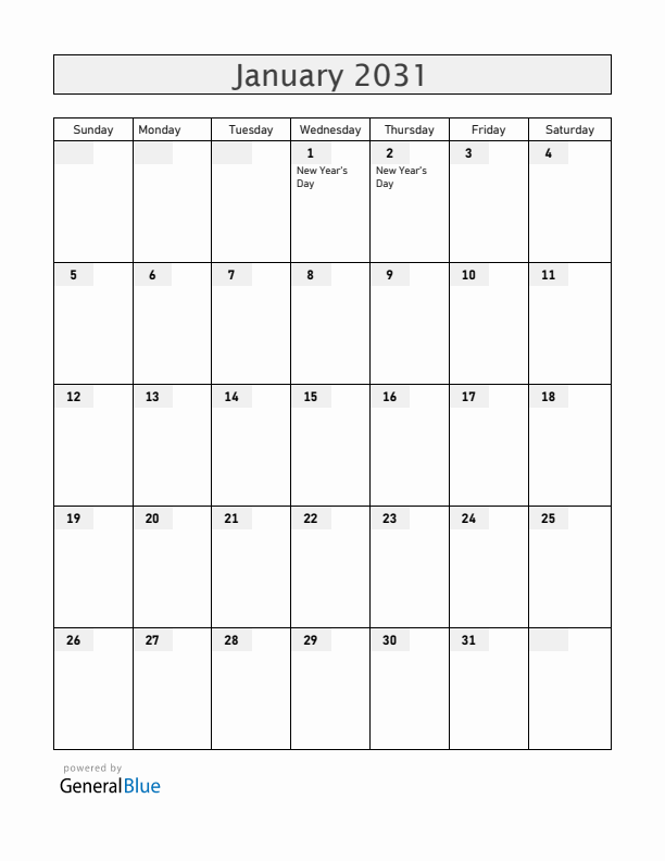 Slovenia January 2031 Calendar with Holidays