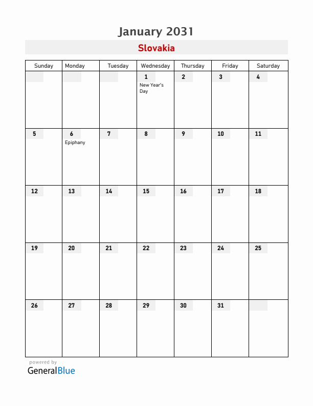 Slovakia January 2031 Calendar with Holidays