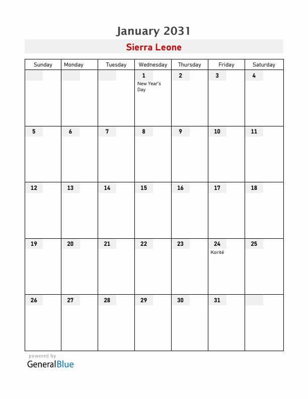 Sierra Leone January 2031 Calendar with Holidays