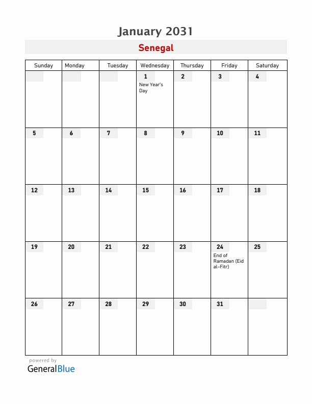 Senegal January 2031 Calendar with Holidays