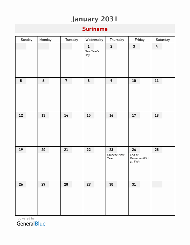 Suriname January 2031 Calendar with Holidays