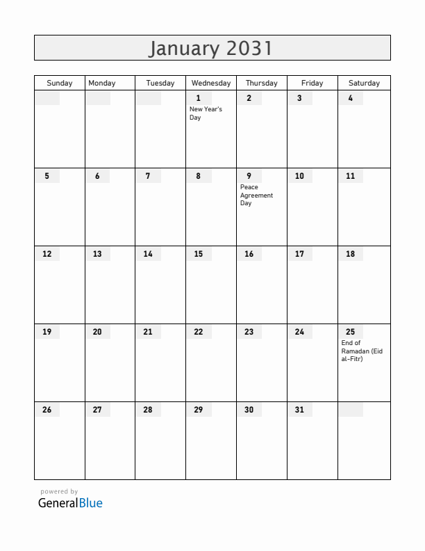 South Sudan January 2031 Calendar with Holidays