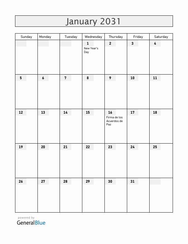 El Salvador January 2031 Calendar with Holidays