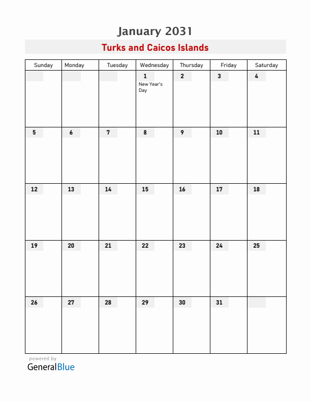 Turks and Caicos Islands January 2031 Calendar with Holidays