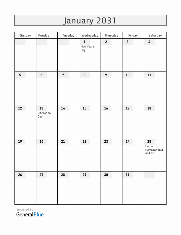 Togo January 2031 Calendar with Holidays