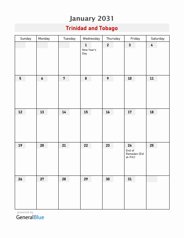 Trinidad and Tobago January 2031 Calendar with Holidays