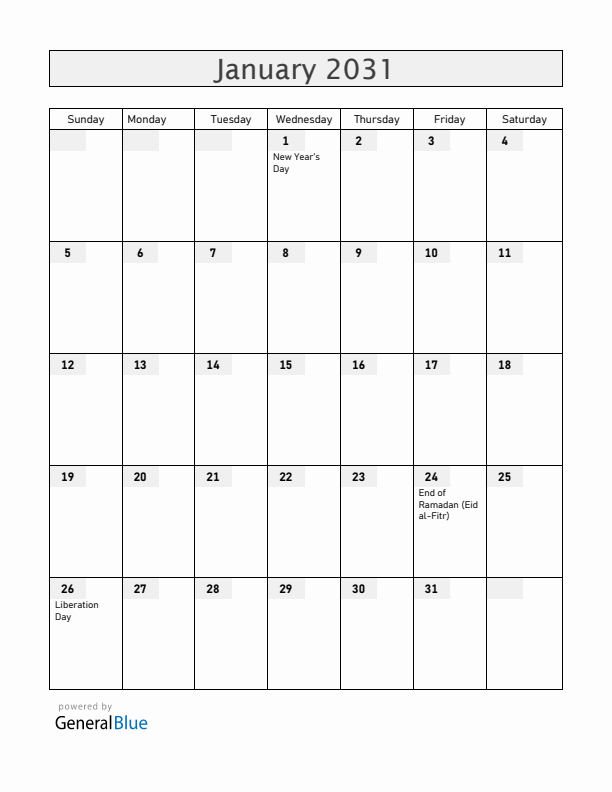 Uganda January 2031 Calendar with Holidays