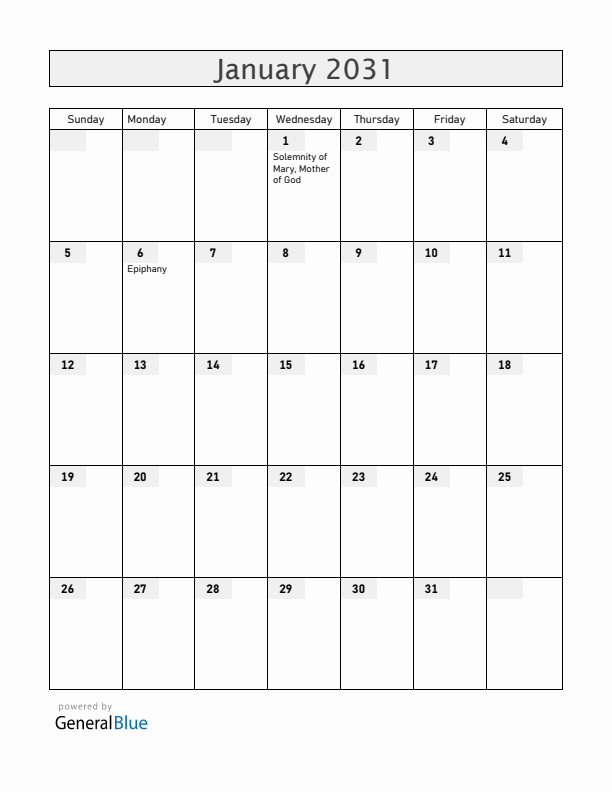 Vatican January 2031 Calendar with Holidays