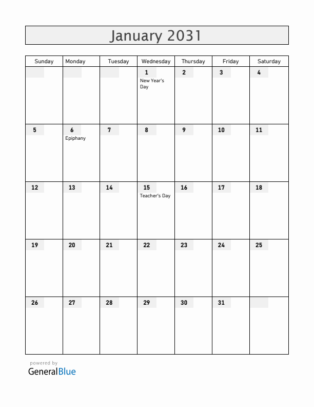 Venezuela January 2031 Calendar with Holidays