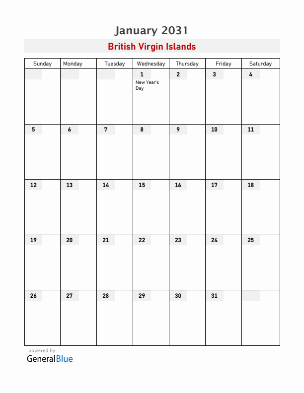 British Virgin Islands January 2031 Calendar with Holidays